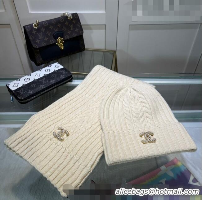 Stylish Specials Chanel Knit Hat and Scarf Set CH101807 Cream White 2023