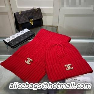 Buy Classic Chanel Knit Hat and Scarf Set CH101807 Red 2023