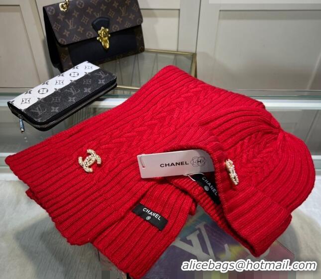 Buy Classic Chanel Knit Hat and Scarf Set CH101807 Red 2023