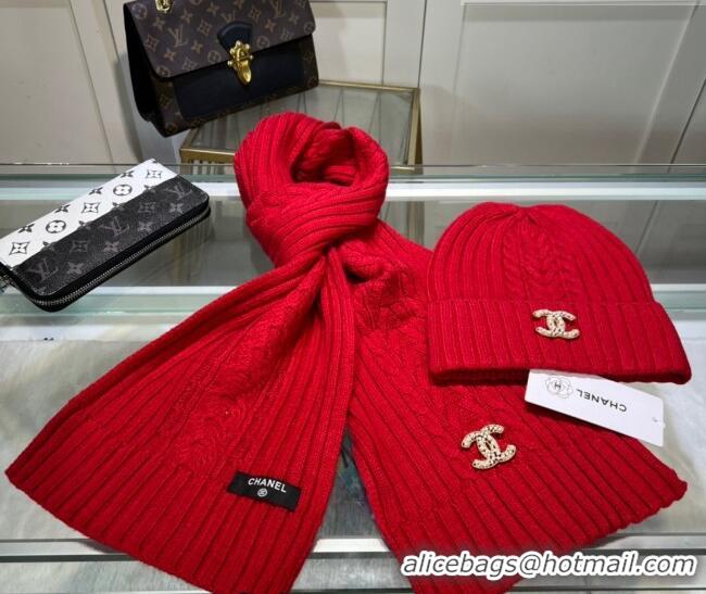 Buy Classic Chanel Knit Hat and Scarf Set CH101807 Red 2023