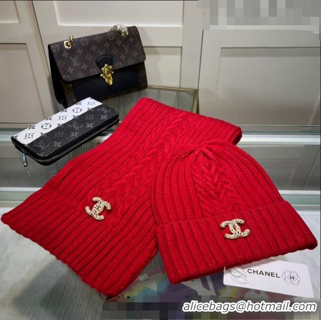 Buy Classic Chanel Knit Hat and Scarf Set CH101807 Red 2023