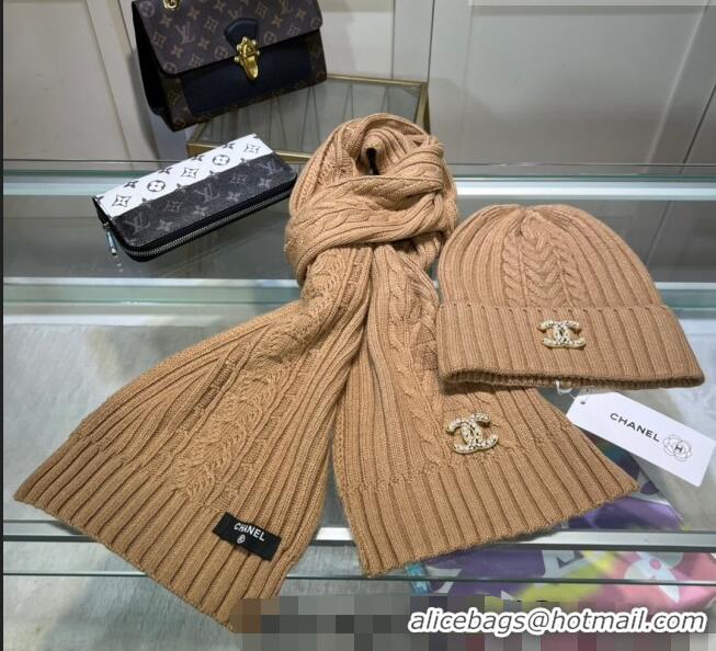 Wholesale Grade Chanel Knit Hat and Scarf Set CH101807 Brown 2023