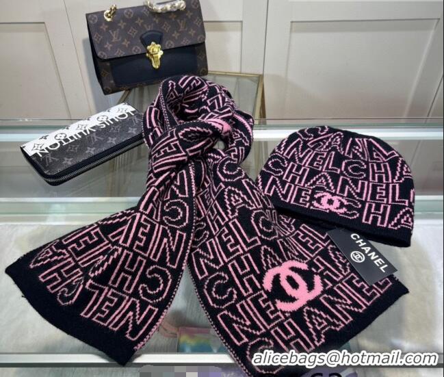 Cheap Classic Chanel Knit Hat and Scarf Set CH101807 Black/Pink 2023