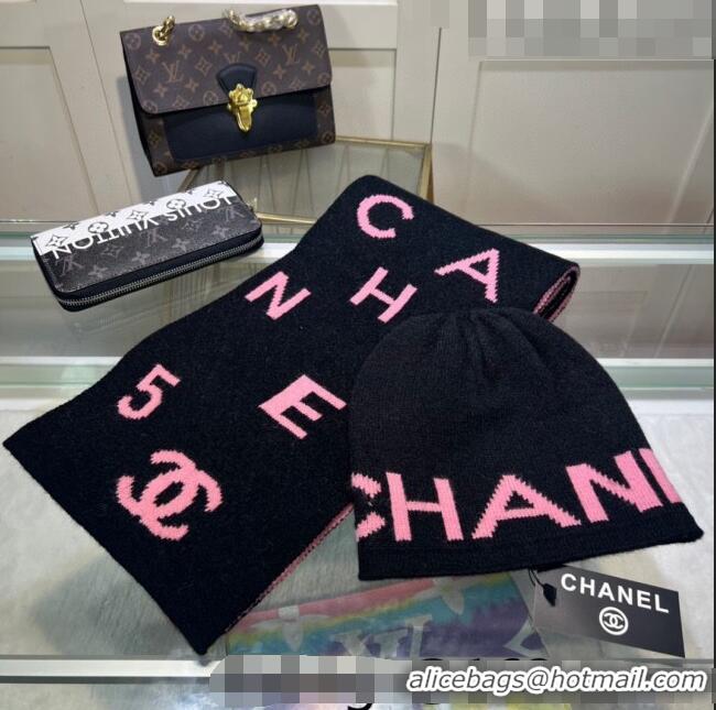 Discount Classic Chanel Knit Hat and Scarf Set CH101807 Black/Pink 2023