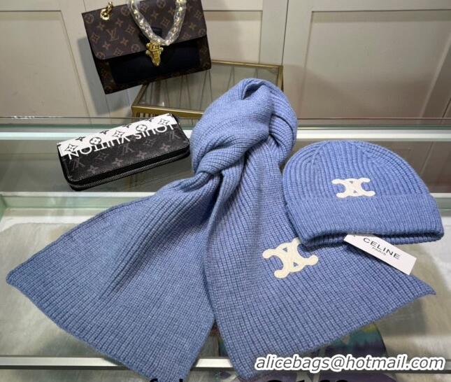 Wholesale Cheap Celine Knit Hat and Scarf Set CE10183 Light Blue 2023