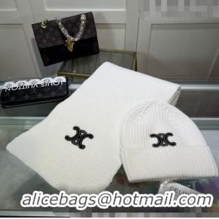 Luxury New Celine Knit Hat and Scarf Set CE10183 White 2023