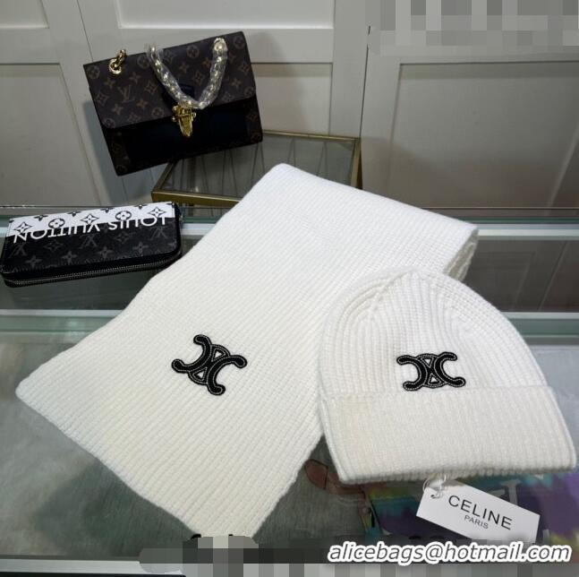 Luxury New Celine Knit Hat and Scarf Set CE10183 White 2023