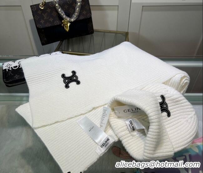 Luxury New Celine Knit Hat and Scarf Set CE10183 White 2023