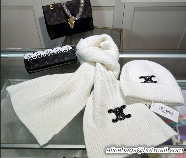 Luxury New Celine Knit Hat and Scarf Set CE10183 White 2023