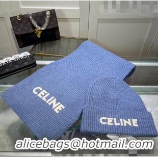 Luxury Classic Celine Knit Hat and Scarf Set CE10183 Light Blue 2023