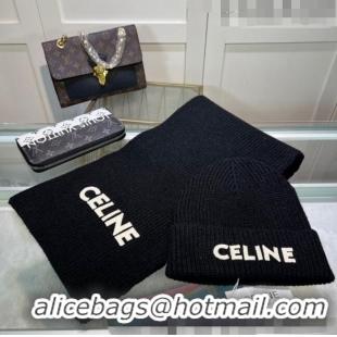 Elegant Fashion Celine Knit Hat and Scarf Set CE10183 Black 2023