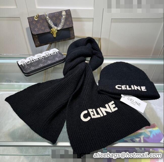 Elegant Fashion Celine Knit Hat and Scarf Set CE10183 Black 2023