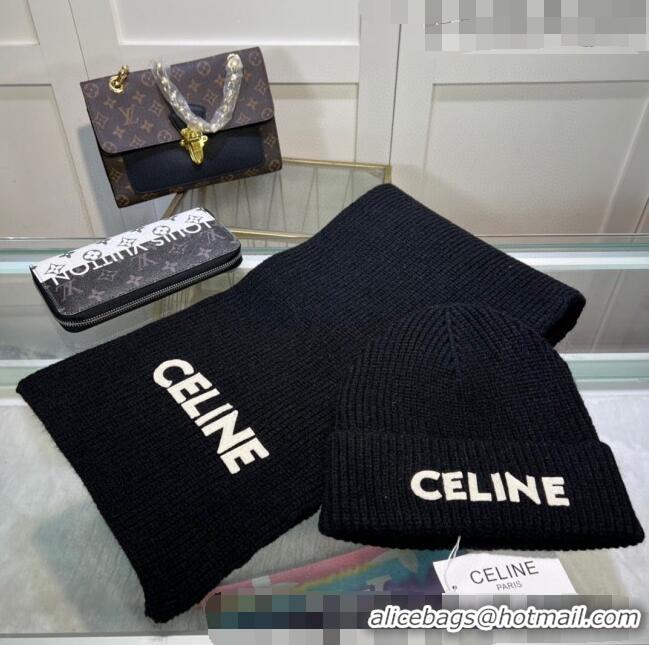 Elegant Fashion Celine Knit Hat and Scarf Set CE10183 Black 2023