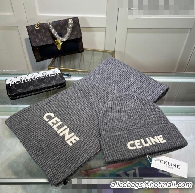 New Stylish Duplicate Celine Knit Hat and Scarf Set CE10183 Grey 2023