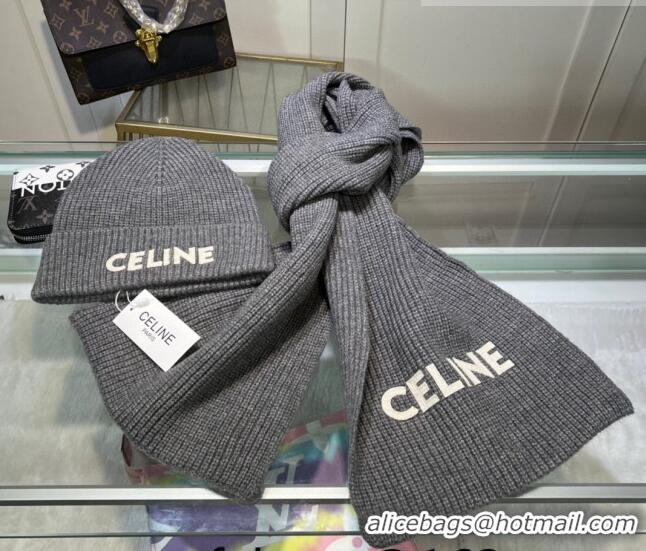 New Stylish Duplicate Celine Knit Hat and Scarf Set CE10183 Grey 2023