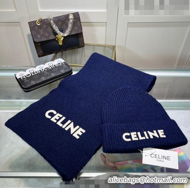 Buy Classic Celine Knit Hat and Scarf Set CE10183 Royal Blue 2023