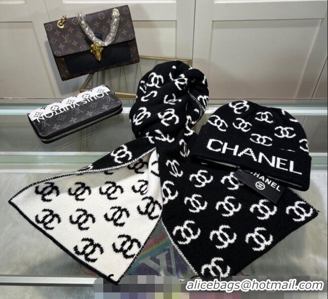 Buy Cheap Chanel CC Knit Hat and Scarf Set CH101807 Black/White 2023