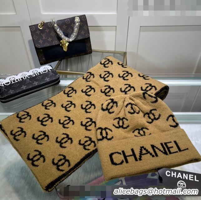 Noble Cheap Chanel CC Knit Hat and Scarf Set CH101807 Brown 2023