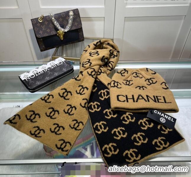 Noble Cheap Chanel CC Knit Hat and Scarf Set CH101807 Brown 2023