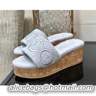 Best Price Chanel CC Towel Cloth Platform Slide Sandals Pale Grey 826009