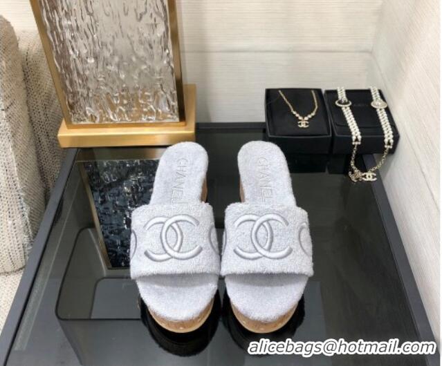 Best Price Chanel CC Towel Cloth Platform Slide Sandals Pale Grey 826009