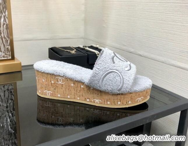 Best Price Chanel CC Towel Cloth Platform Slide Sandals Pale Grey 826009