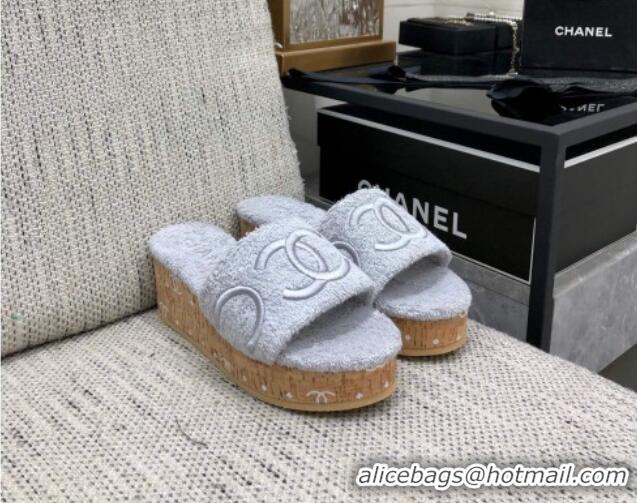 Best Price Chanel CC Towel Cloth Platform Slide Sandals Pale Grey 826009