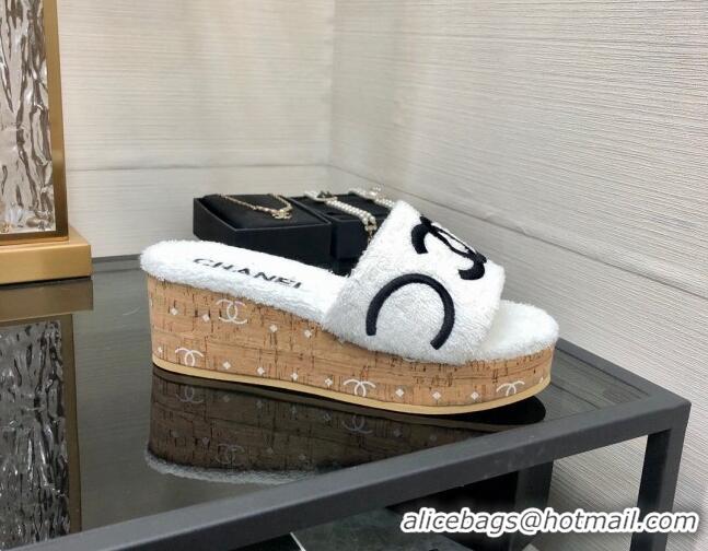 Purchase Chanel CC Towel Cloth Platform Slide Sandals White 826010