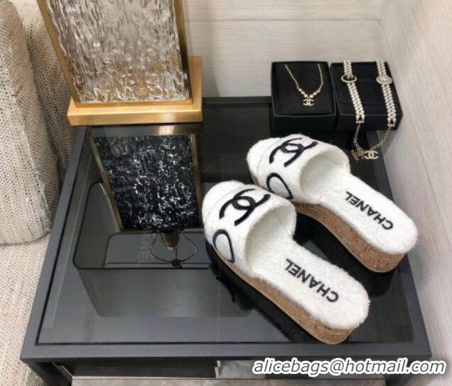 Purchase Chanel CC Towel Cloth Platform Slide Sandals White 826010