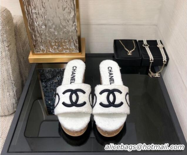 Purchase Chanel CC Towel Cloth Platform Slide Sandals White 826010