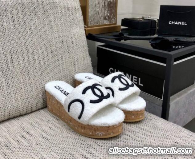 Purchase Chanel CC Towel Cloth Platform Slide Sandals White 826010