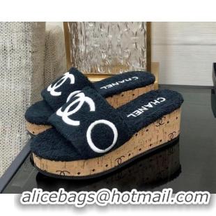 Most Popular Chanel CC Towel Cloth Platform Slide Sandals Black 826011