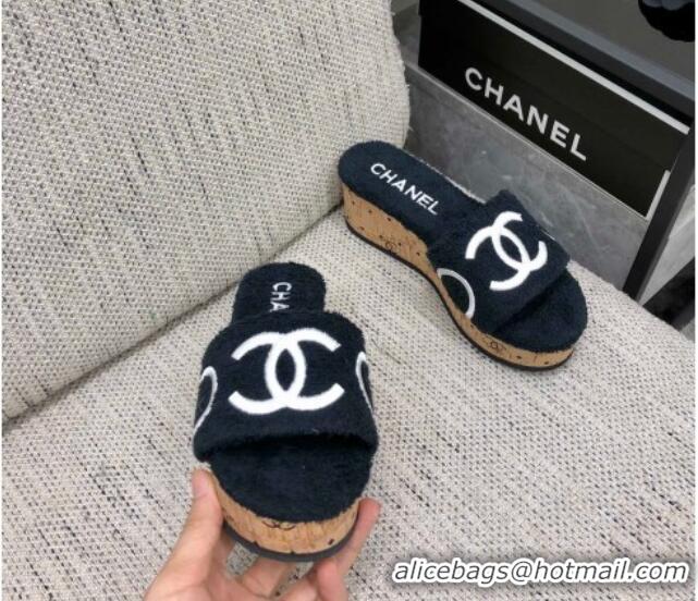 Most Popular Chanel CC Towel Cloth Platform Slide Sandals Black 826011