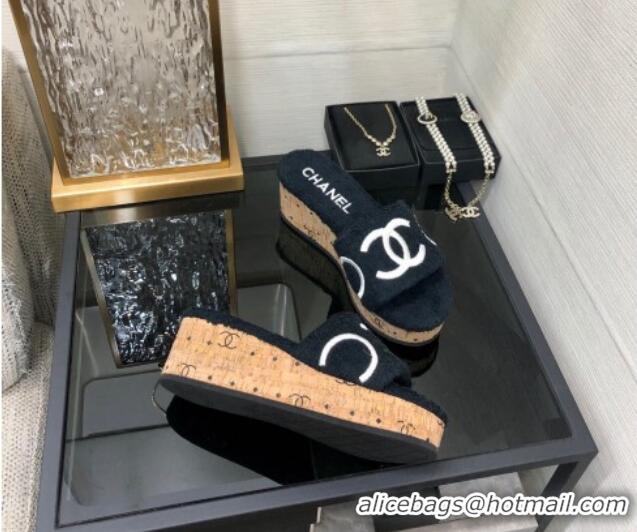 Most Popular Chanel CC Towel Cloth Platform Slide Sandals Black 826011