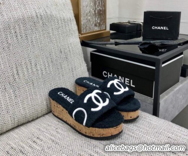 Most Popular Chanel CC Towel Cloth Platform Slide Sandals Black 826011