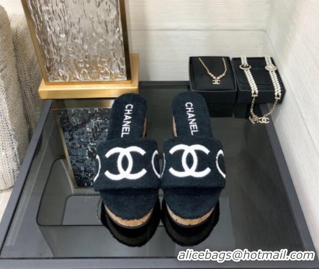 Most Popular Chanel CC Towel Cloth Platform Slide Sandals Black 826011