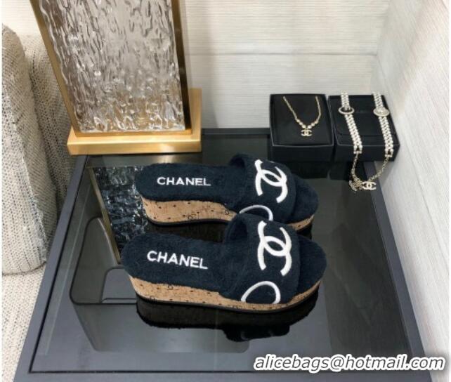 Most Popular Chanel CC Towel Cloth Platform Slide Sandals Black 826011