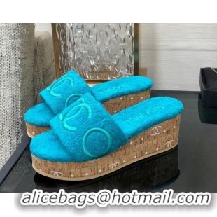 Charming Chanel CC Towel Cloth Platform Slide Sandals Blue 826012