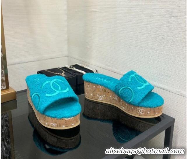 Charming Chanel CC Towel Cloth Platform Slide Sandals Blue 826012