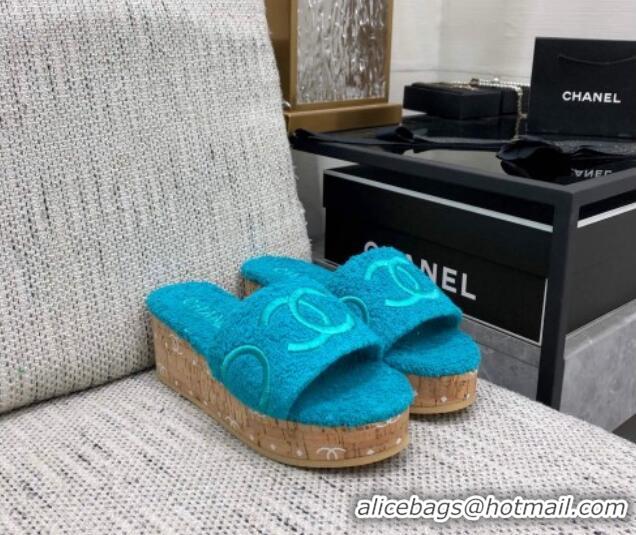 Charming Chanel CC Towel Cloth Platform Slide Sandals Blue 826012