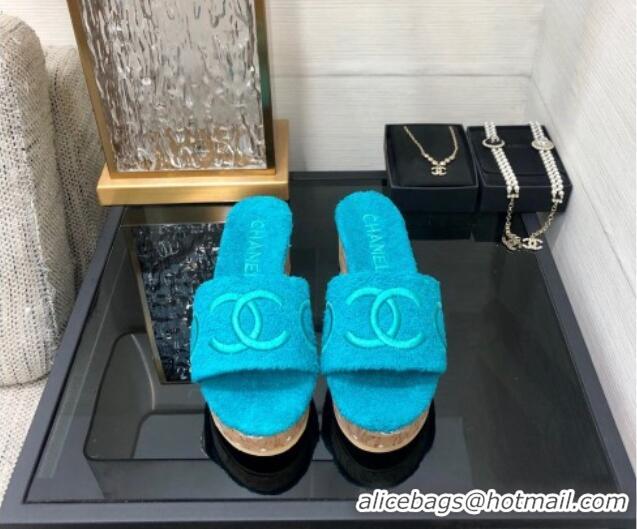 Charming Chanel CC Towel Cloth Platform Slide Sandals Blue 826012