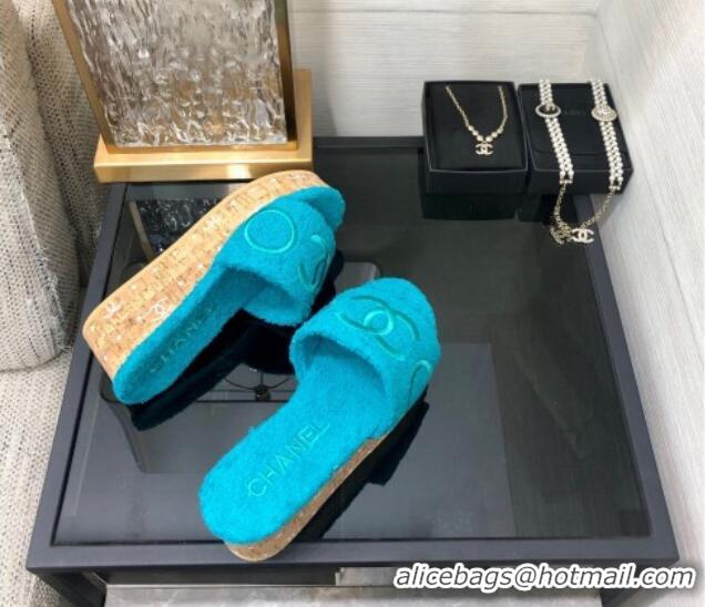 Charming Chanel CC Towel Cloth Platform Slide Sandals Blue 826012