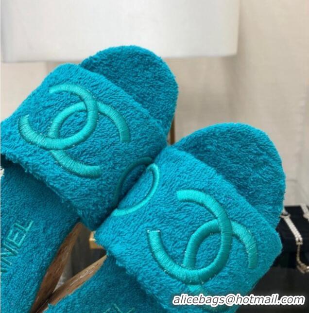 Charming Chanel CC Towel Cloth Platform Slide Sandals Blue 826012