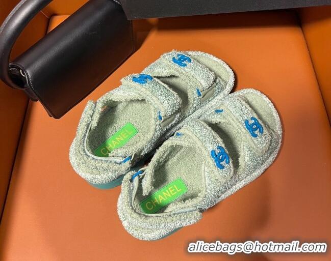 New Design Chanel CC Towel Cloth Strap Platform Sandals Light Green 828013