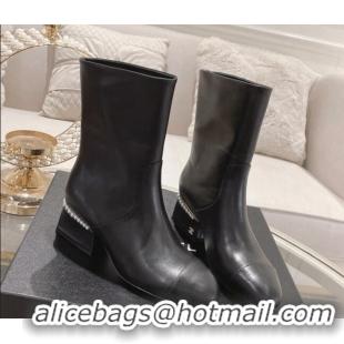 Super Quality Chanel Lambskin Heel Ankle Boots 4.5cm with Pearls Black 828015