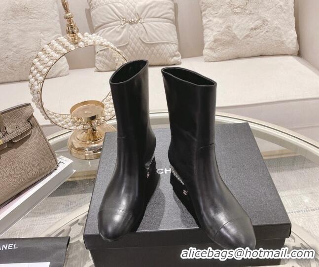 Super Quality Chanel Lambskin Heel Ankle Boots 4.5cm with Pearls Black 828015