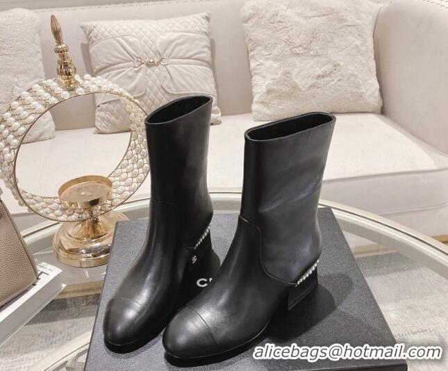 Super Quality Chanel Lambskin Heel Ankle Boots 4.5cm with Pearls Black 828015