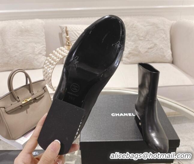 Super Quality Chanel Lambskin Heel Ankle Boots 4.5cm with Pearls Black 828015