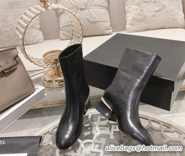 Super Quality Chanel Lambskin Heel Ankle Boots 4.5cm with Pearls Black 828015