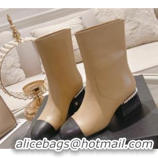 Best Quality Chanel Lambskin Heel Ankle Boots 4.5cm with Pearls Beige 828016